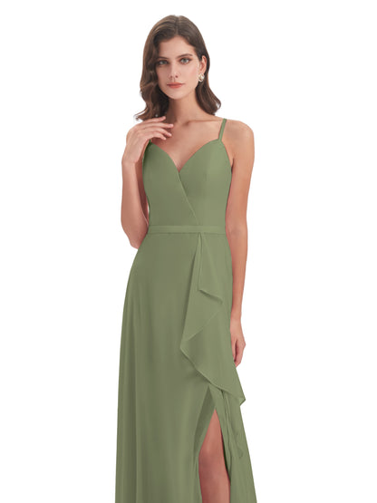Delilah Sheath Spaghetti Straps Chiffon Long Bridesmaid Dresses