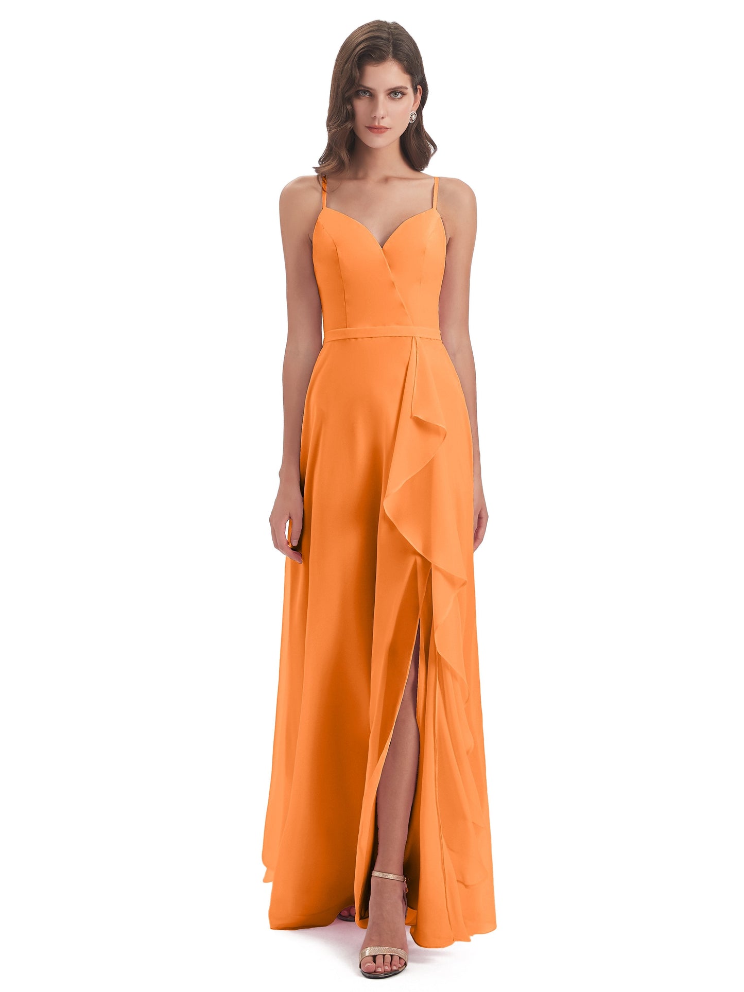 Delilah Sheath Spaghetti Straps Chiffon Long Bridesmaid Dresses