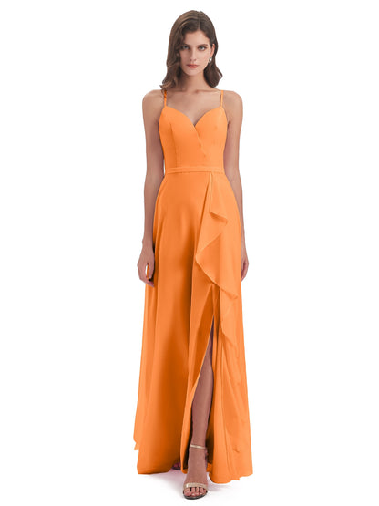 Delilah Sheath Spaghetti Straps Chiffon Long Bridesmaid Dresses
