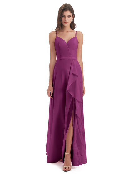 Delilah Sheath Spaghetti Straps Chiffon Long Bridesmaid Dresses