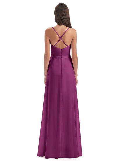 Delilah Sheath Spaghetti Straps Chiffon Long Bridesmaid Dresses
