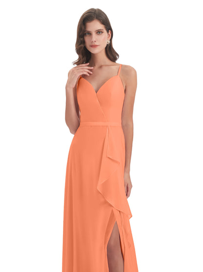 Delilah Sheath Spaghetti Straps Chiffon Long Bridesmaid Dresses