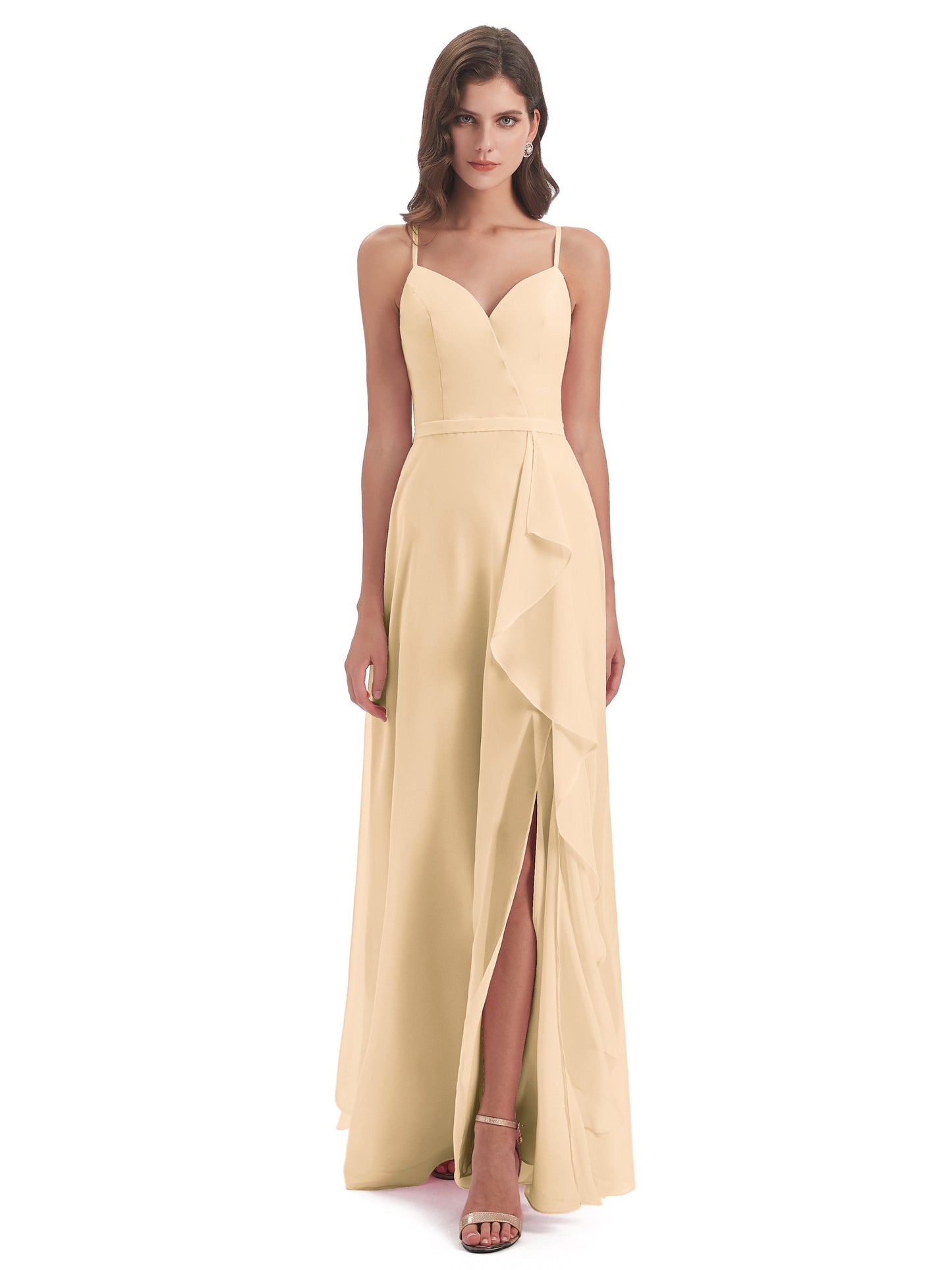 Delilah Sheath Spaghetti Straps Chiffon Long Bridesmaid Dresses