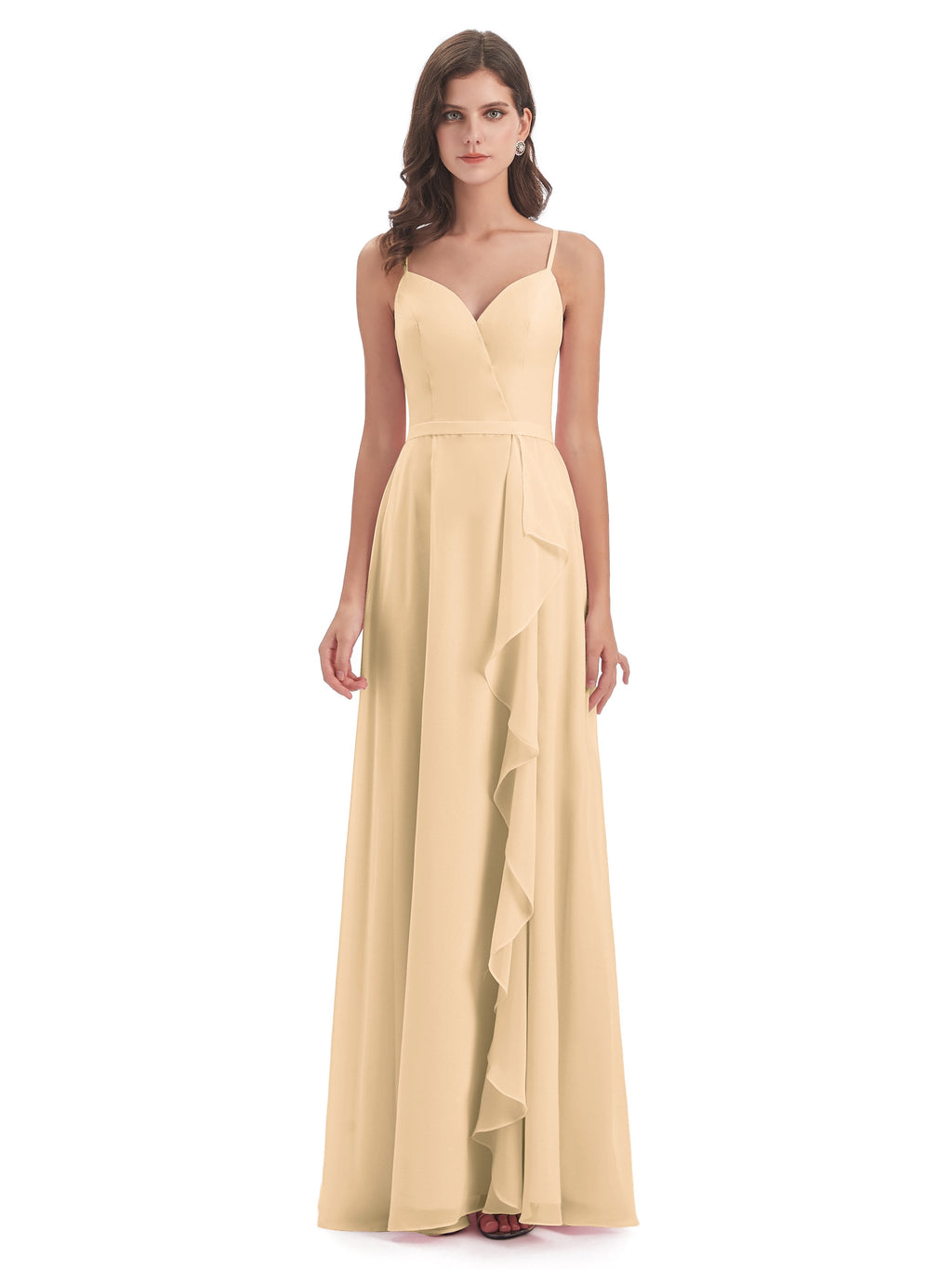 Delilah Sheath Spaghetti Straps Chiffon Long Bridesmaid Dresses