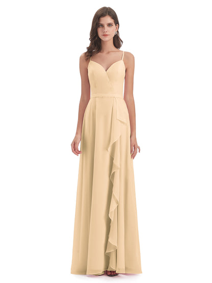Delilah Sheath Spaghetti Straps Chiffon Long Bridesmaid Dresses