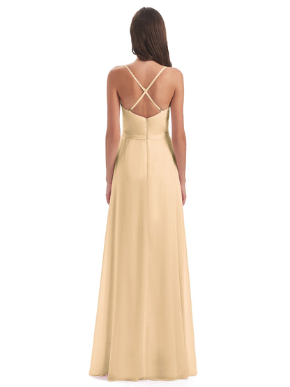 Delilah Sheath Spaghetti Straps Chiffon Long Bridesmaid Dresses