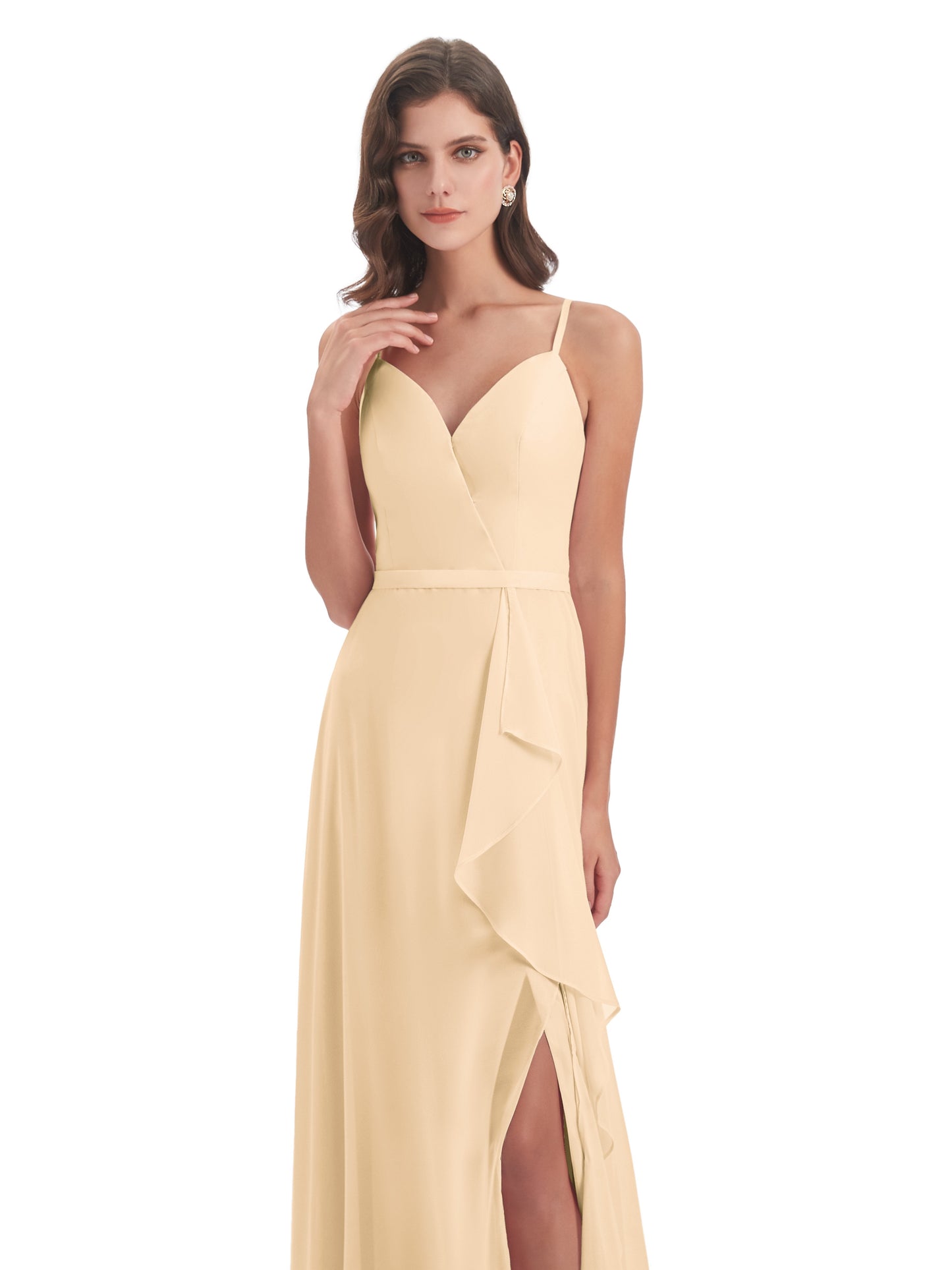 Delilah Sheath Spaghetti Straps Chiffon Long Bridesmaid Dresses