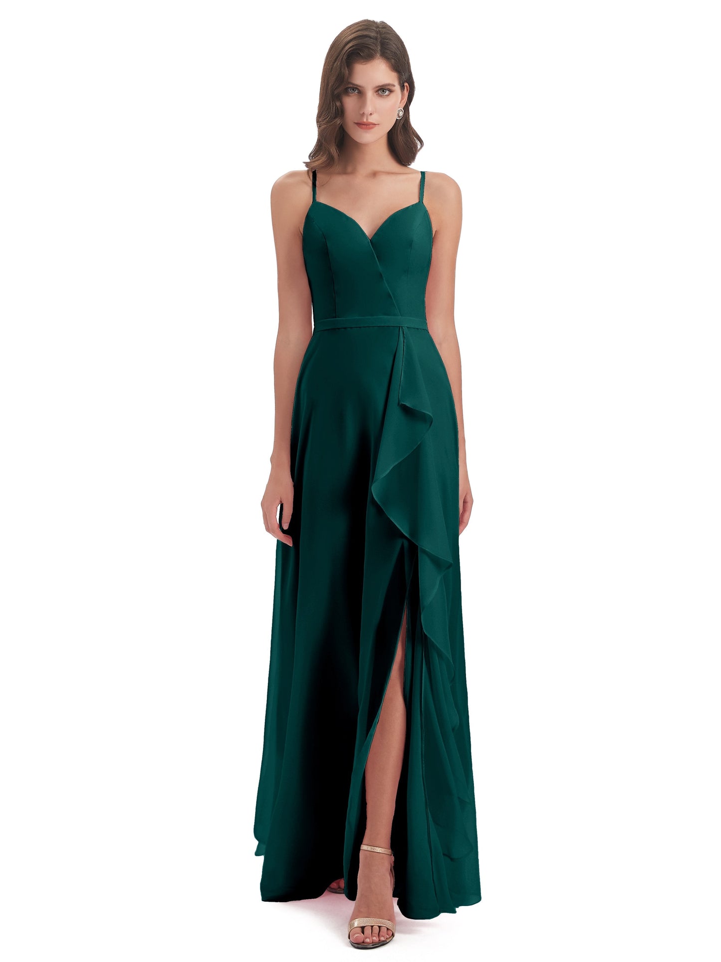 Delilah Sheath Spaghetti Straps Chiffon Long Bridesmaid Dresses