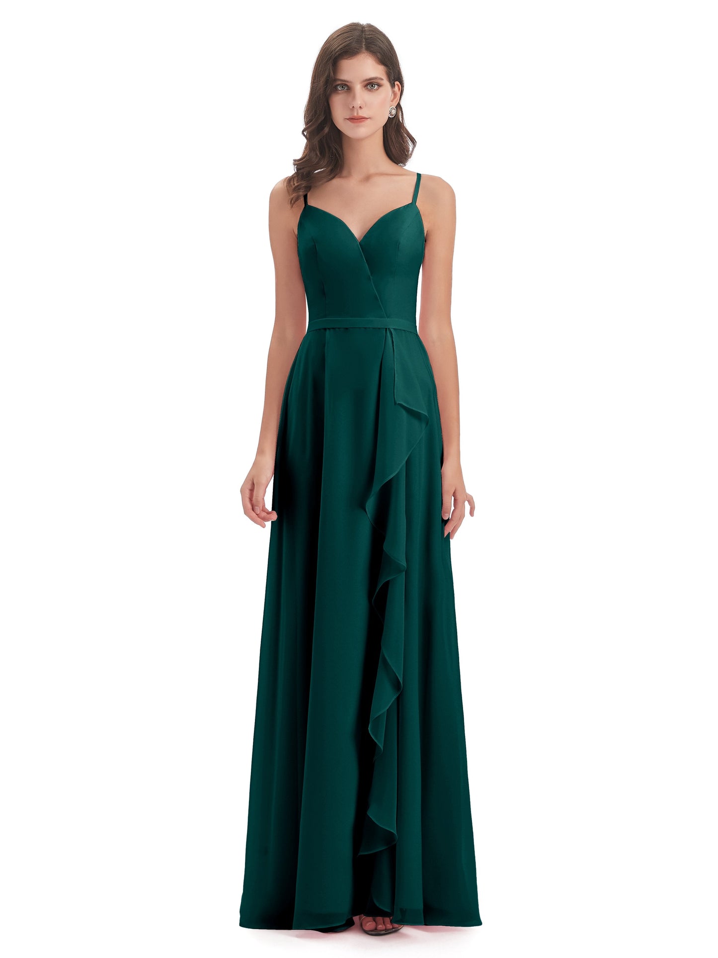 Delilah Sheath Spaghetti Straps Chiffon Long Bridesmaid Dresses