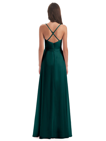 Delilah Sheath Spaghetti Straps Chiffon Long Bridesmaid Dresses
