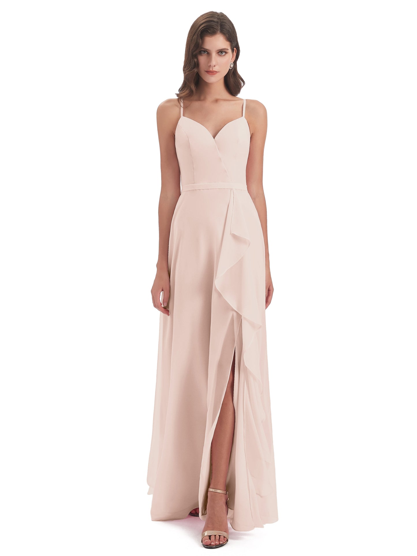 Delilah Sheath Spaghetti Straps Chiffon Long Bridesmaid Dresses