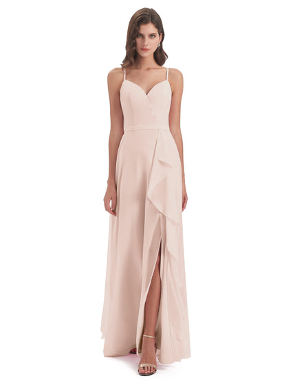 Delilah Sheath Spaghetti Straps Chiffon Long Bridesmaid Dresses