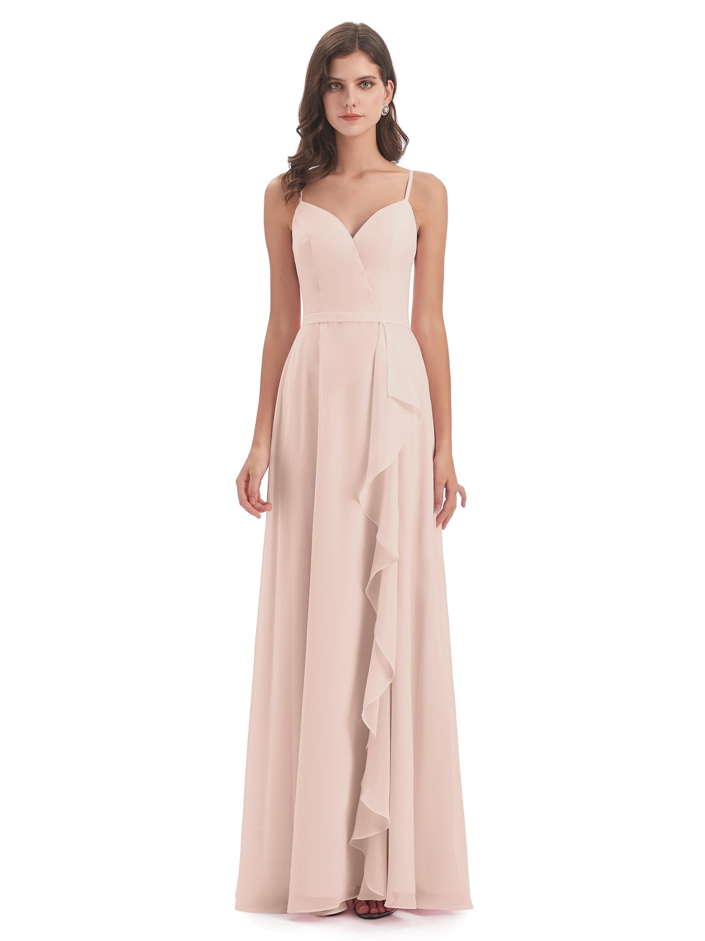 Delilah Sheath Spaghetti Straps Chiffon Long Bridesmaid Dresses