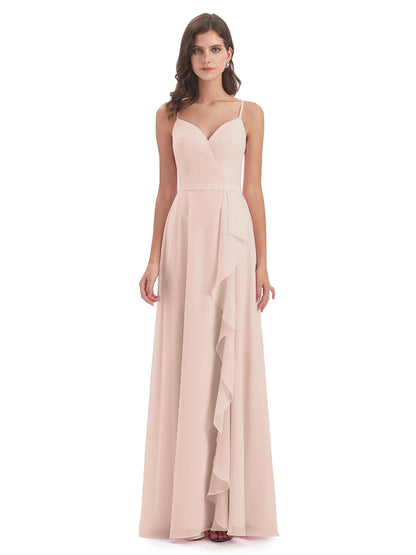 Delilah Sheath Spaghetti Straps Chiffon Long Bridesmaid Dresses