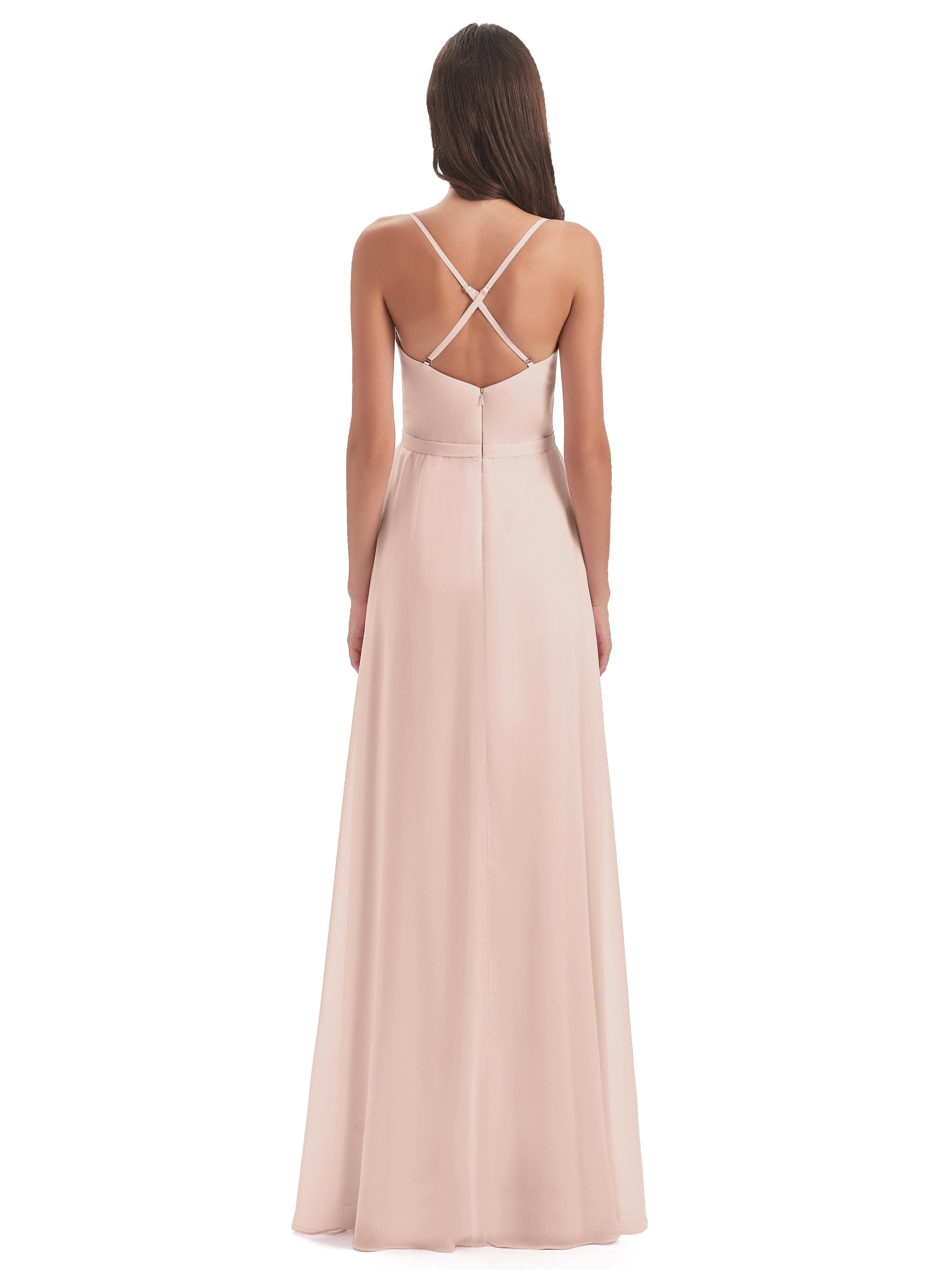 Delilah Sheath Spaghetti Straps Chiffon Long Bridesmaid Dresses