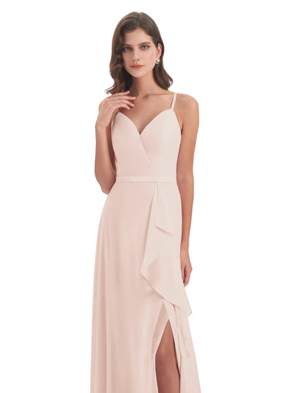 Delilah Sheath Spaghetti Straps Chiffon Long Bridesmaid Dresses
