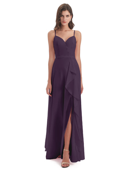 Delilah Sheath Spaghetti Straps Chiffon Long Bridesmaid Dresses