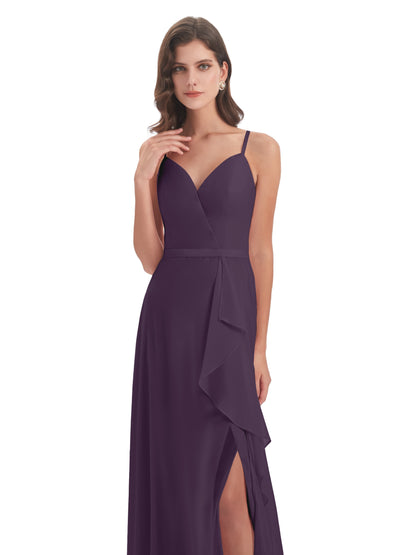 Delilah Sheath Spaghetti Straps Chiffon Long Bridesmaid Dresses