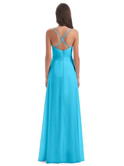 Delilah Sheath Spaghetti Straps Chiffon Long Bridesmaid Dresses