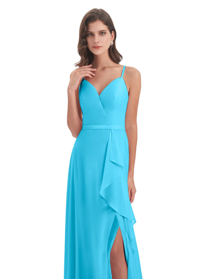 Delilah Sheath Spaghetti Straps Chiffon Long Bridesmaid Dresses