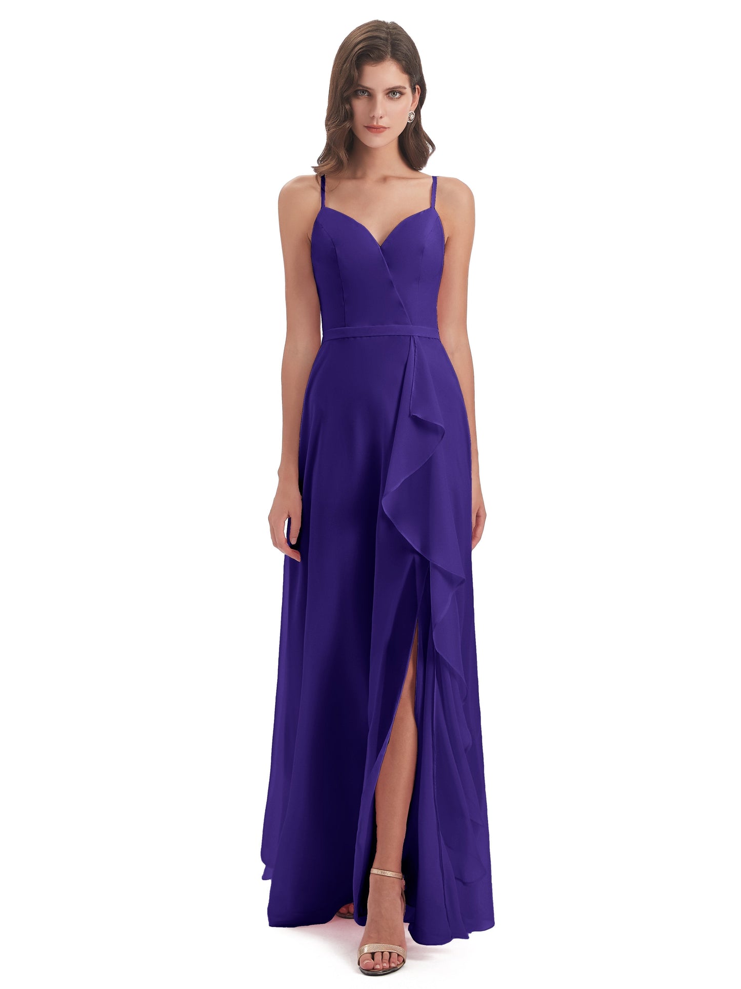 Delilah Sheath Spaghetti Straps Chiffon Long Bridesmaid Dresses