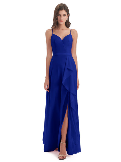Delilah Sheath Spaghetti Straps Chiffon Long Bridesmaid Dresses