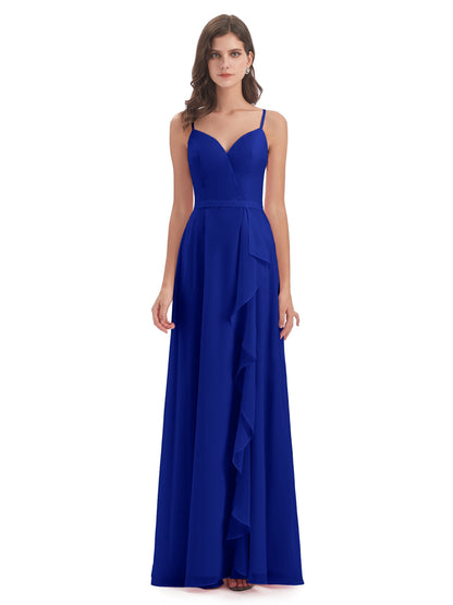 Delilah Sheath Spaghetti Straps Chiffon Long Bridesmaid Dresses