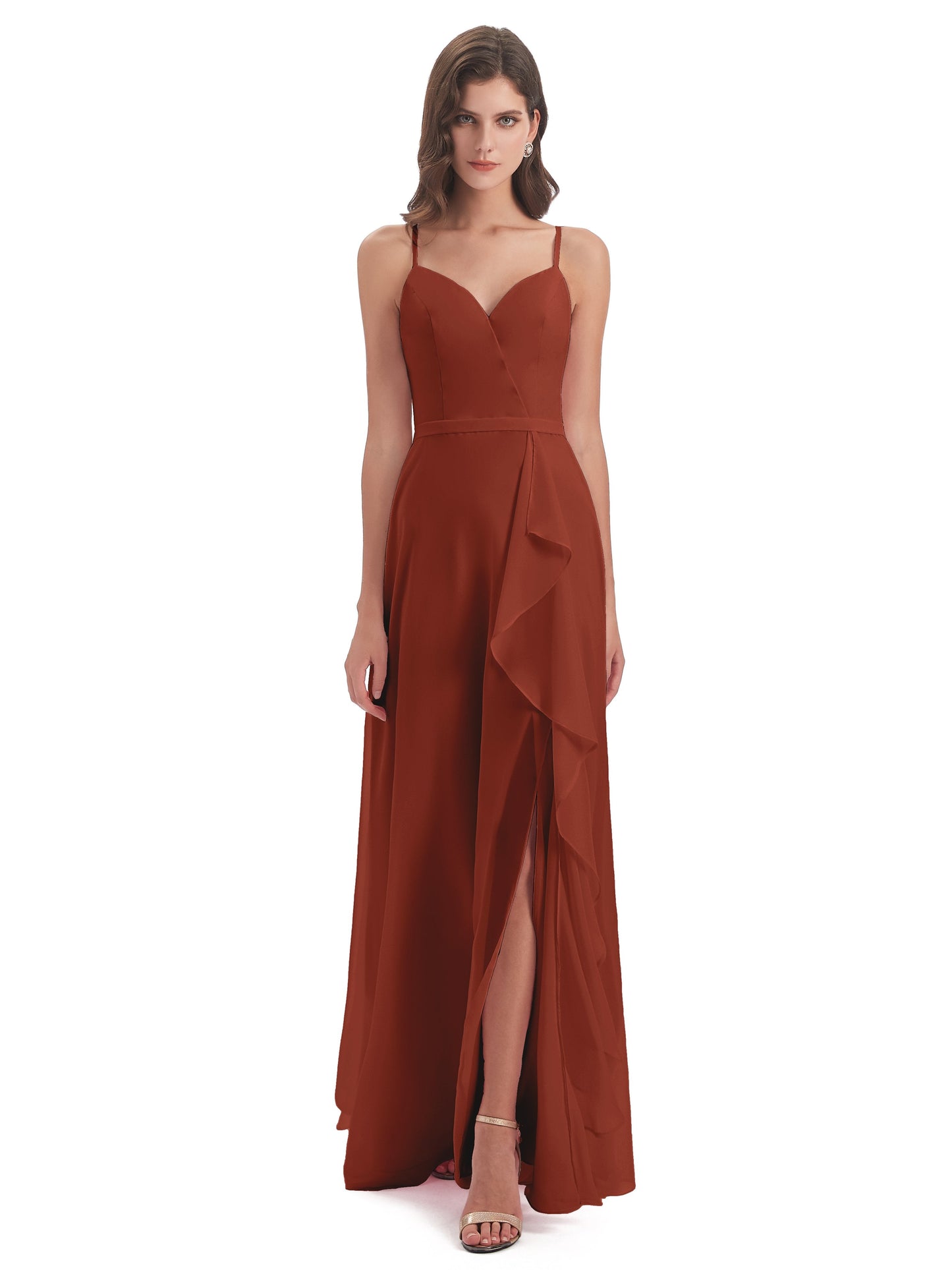 Delilah Sheath Spaghetti Straps Chiffon Long Bridesmaid Dresses