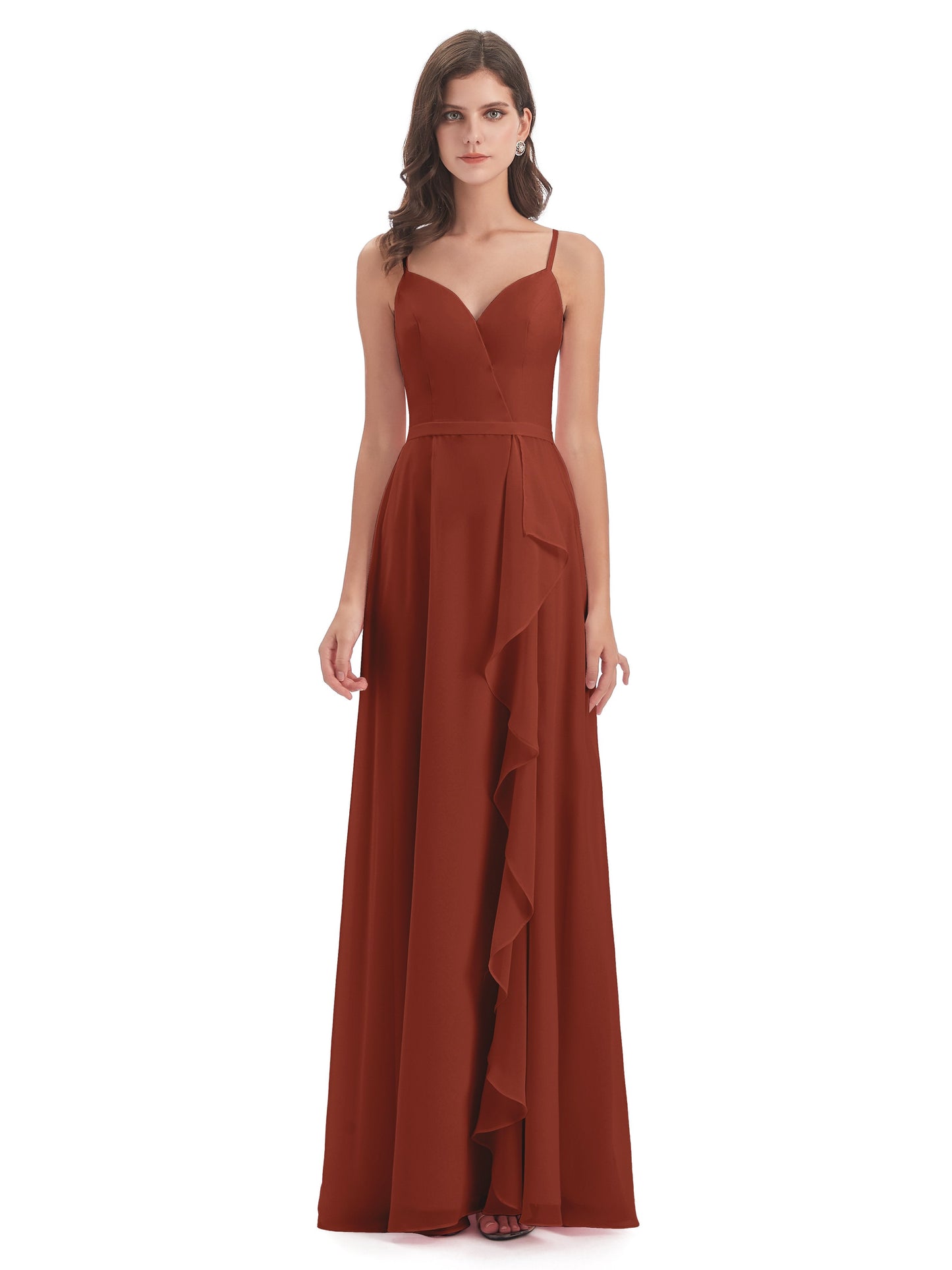 Delilah Sheath Spaghetti Straps Chiffon Long Bridesmaid Dresses