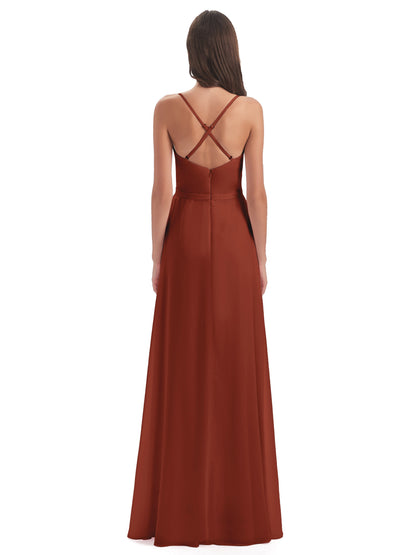 Delilah Sheath Spaghetti Straps Chiffon Long Bridesmaid Dresses