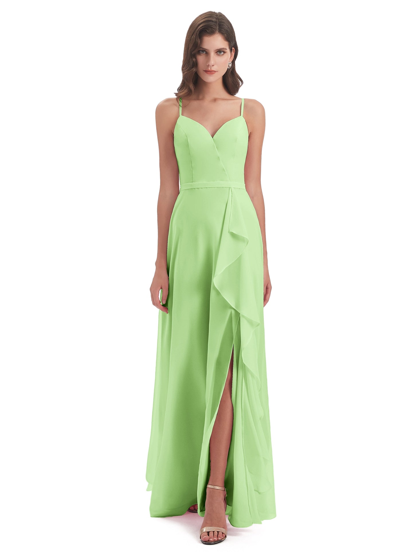 Delilah Sheath Spaghetti Straps Chiffon Long Bridesmaid Dresses
