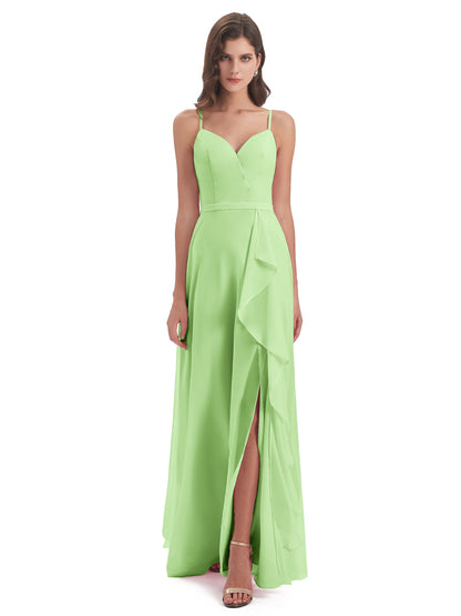 Delilah Sheath Spaghetti Straps Chiffon Long Bridesmaid Dresses