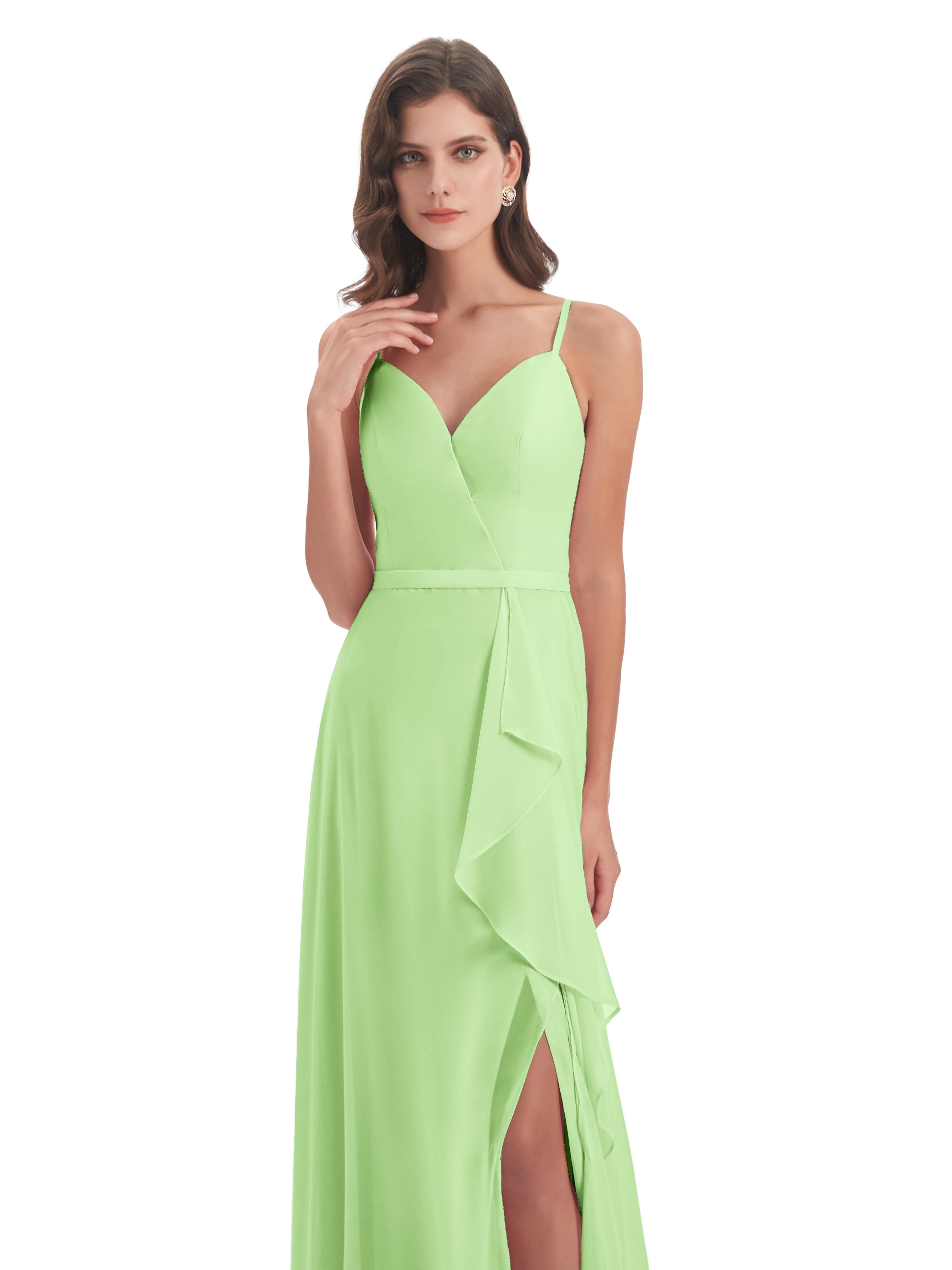 Delilah Sheath Spaghetti Straps Chiffon Long Bridesmaid Dresses