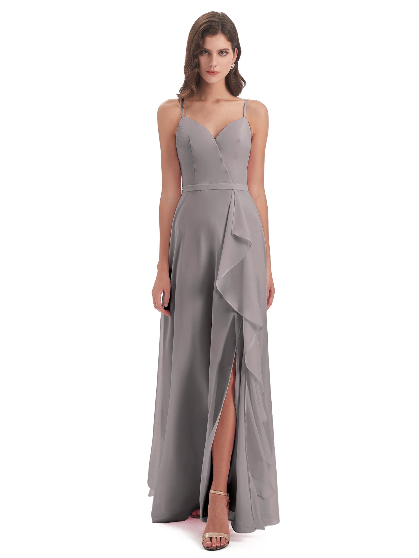Delilah Sheath Spaghetti Straps Chiffon Long Bridesmaid Dresses