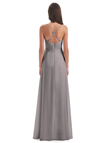 Delilah Sheath Spaghetti Straps Chiffon Long Bridesmaid Dresses