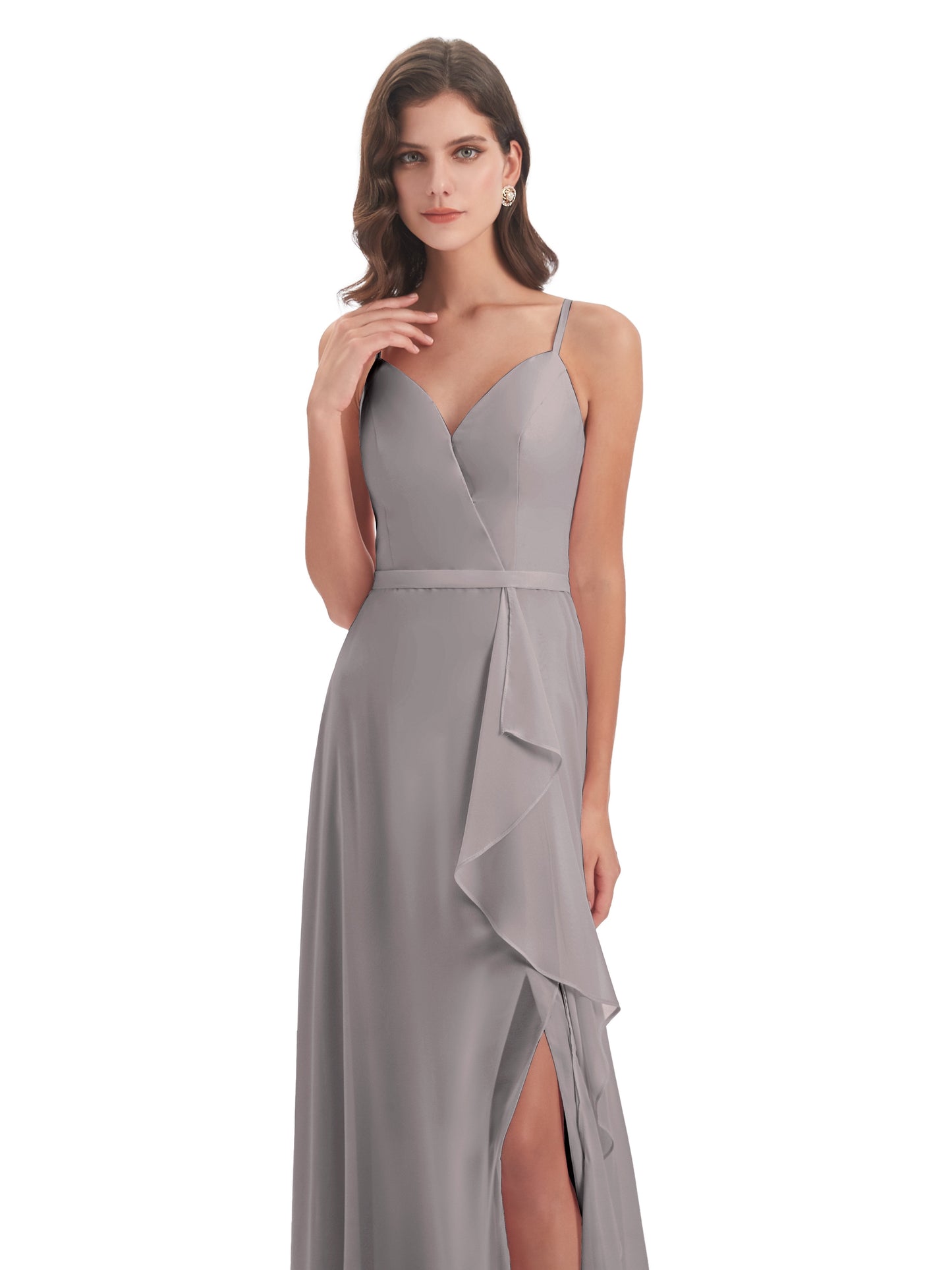 Delilah Sheath Spaghetti Straps Chiffon Long Bridesmaid Dresses