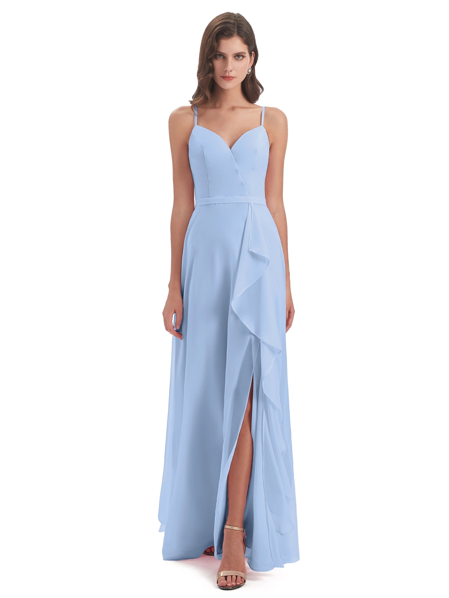 Delilah Sheath Spaghetti Straps Chiffon Long Bridesmaid Dresses