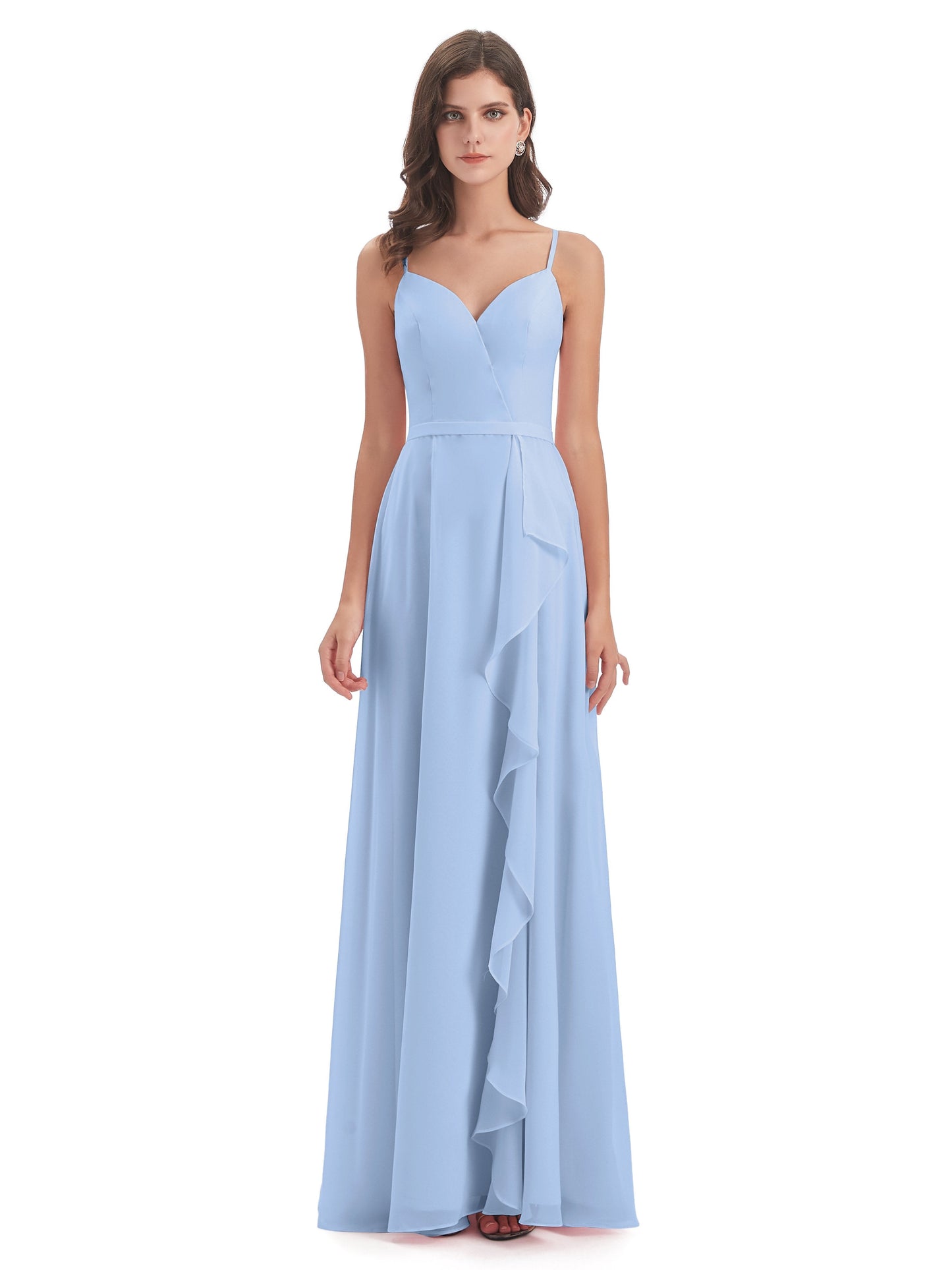 Delilah Sheath Spaghetti Straps Chiffon Long Bridesmaid Dresses