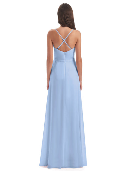 Delilah Sheath Spaghetti Straps Chiffon Long Bridesmaid Dresses