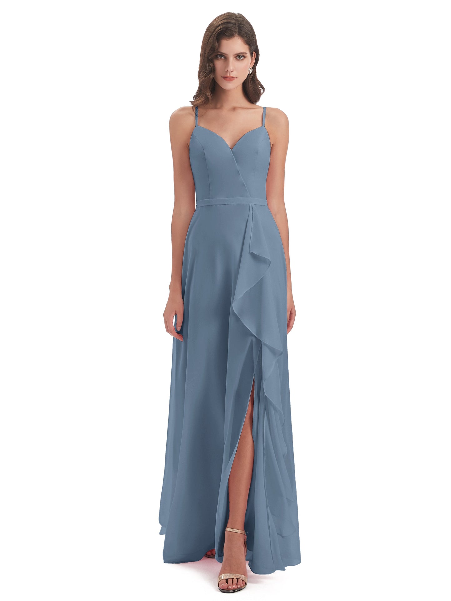 Delilah Sheath Spaghetti Straps Chiffon Long Bridesmaid Dresses