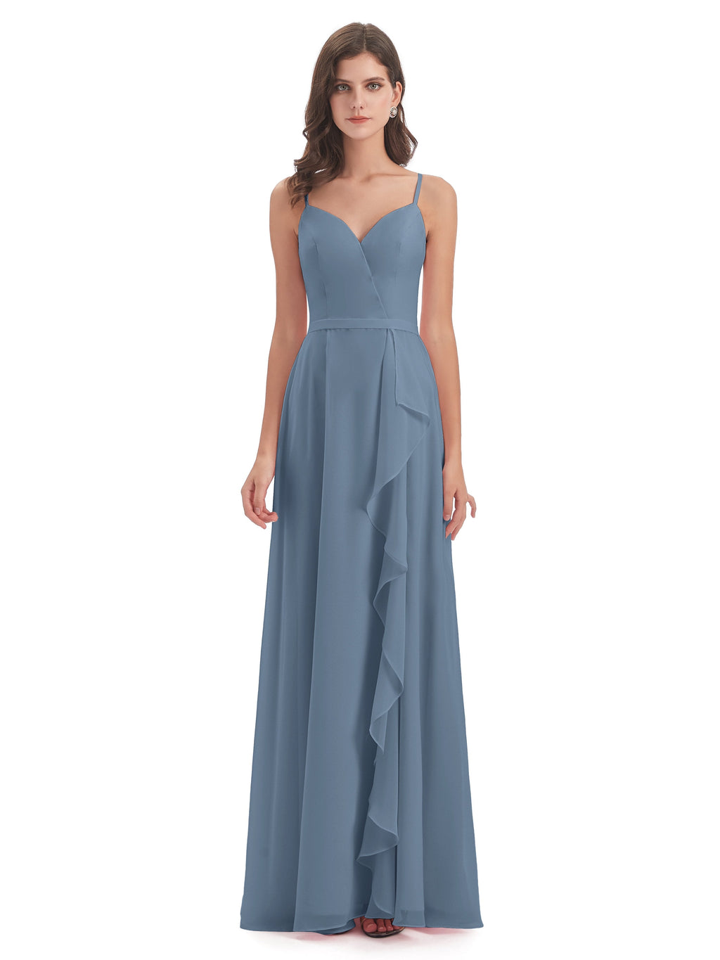 Delilah Sheath Spaghetti Straps Chiffon Long Bridesmaid Dresses