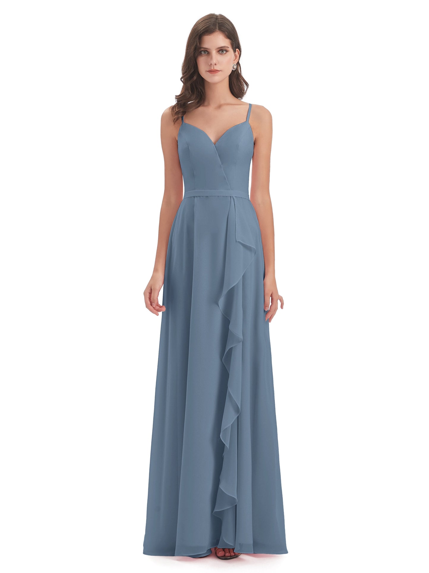 Delilah Sheath Spaghetti Straps Chiffon Long Bridesmaid Dresses