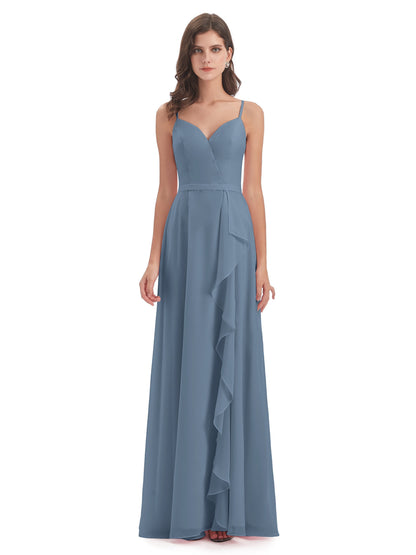 Delilah Sheath Spaghetti Straps Chiffon Long Bridesmaid Dresses