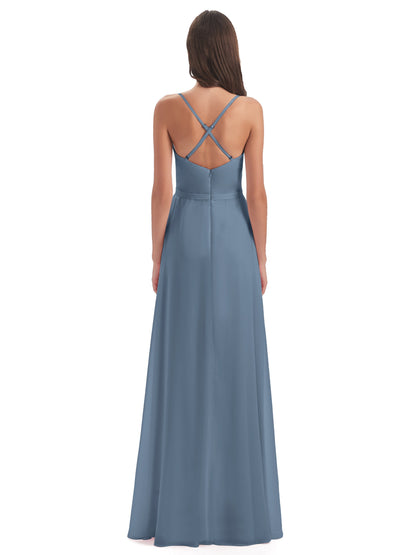 Delilah Sheath Spaghetti Straps Chiffon Long Bridesmaid Dresses