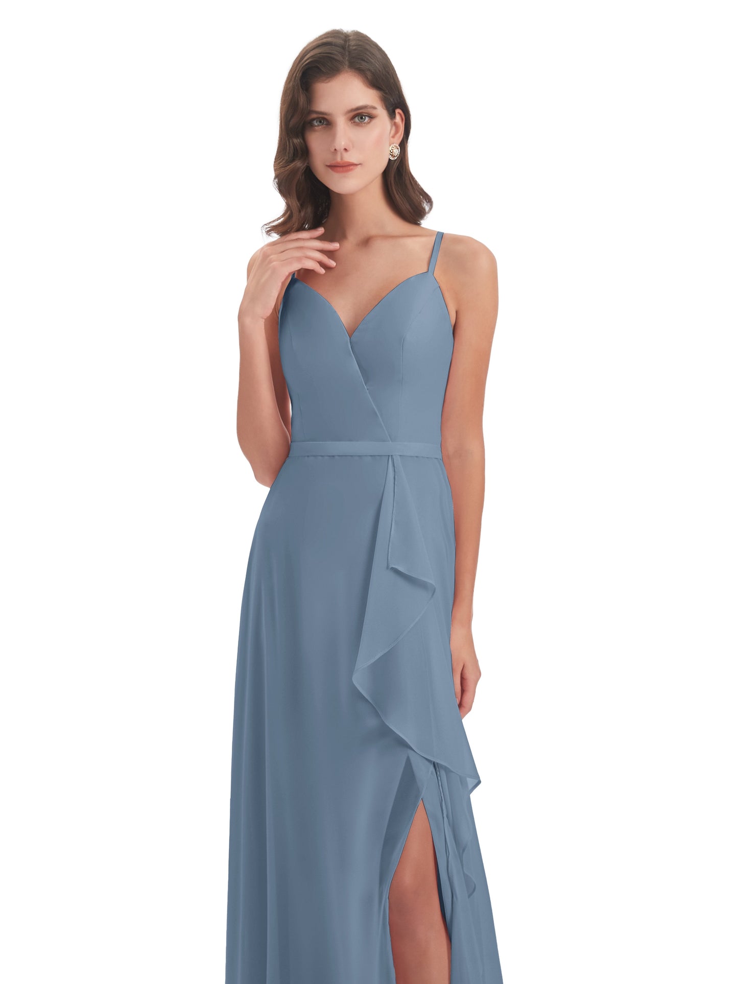 Delilah Sheath Spaghetti Straps Chiffon Long Bridesmaid Dresses