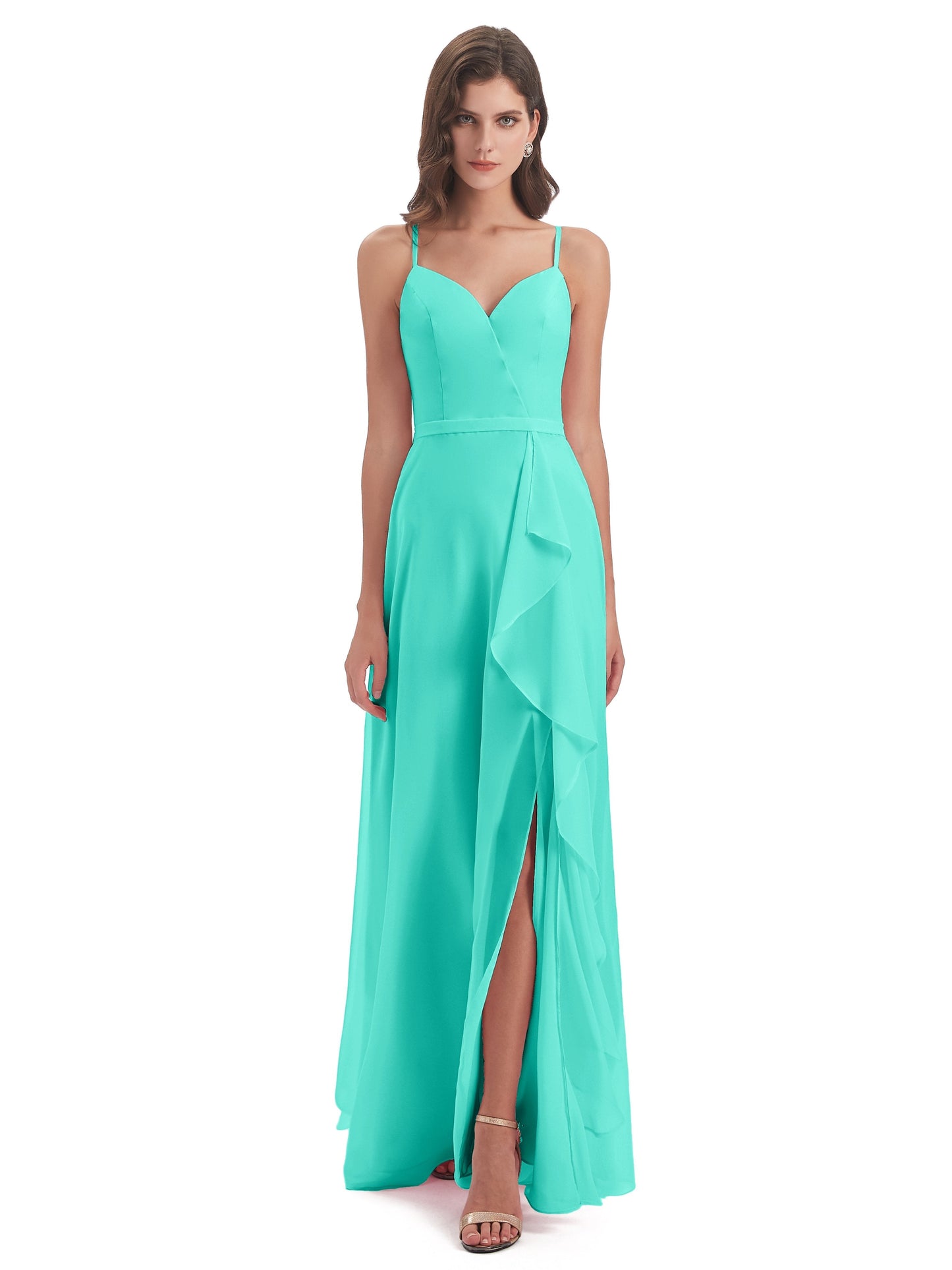 Delilah Sheath Spaghetti Straps Chiffon Long Bridesmaid Dresses