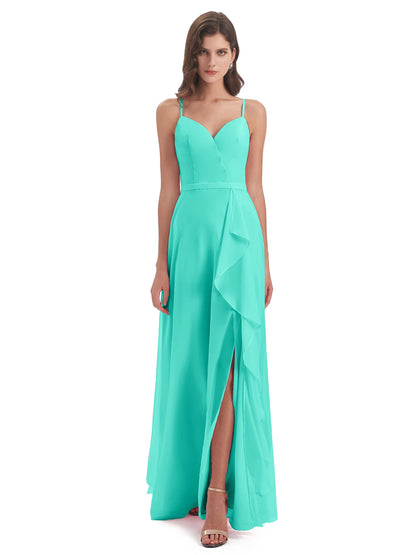 Delilah Sheath Spaghetti Straps Chiffon Long Bridesmaid Dresses