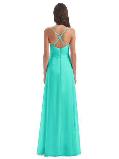 Delilah Sheath Spaghetti Straps Chiffon Long Bridesmaid Dresses