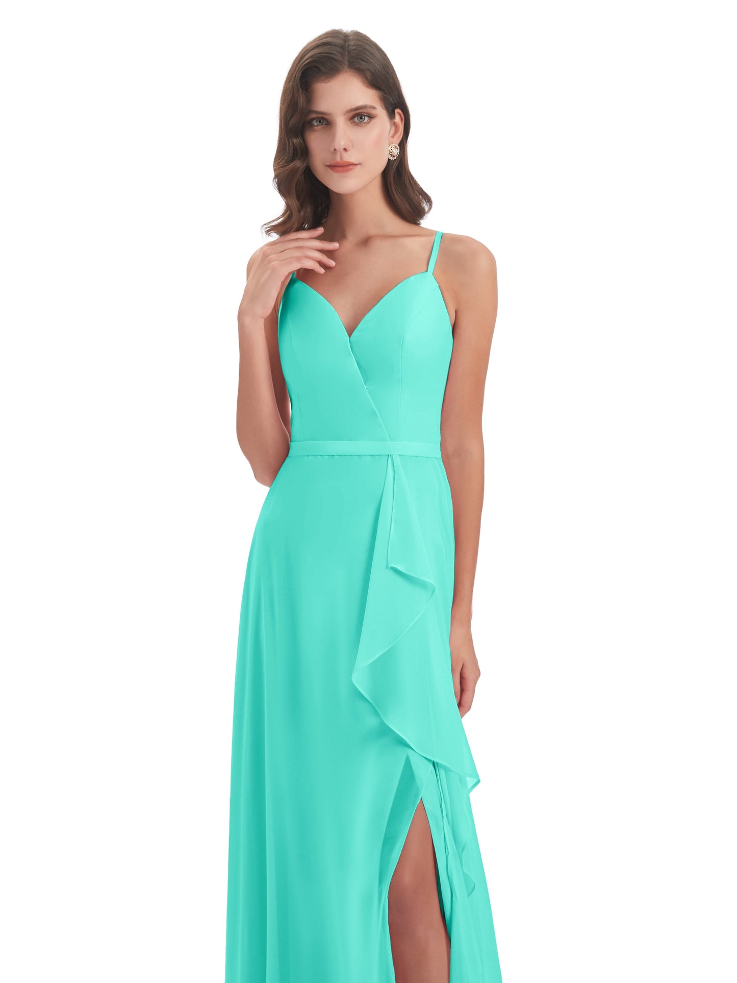 Delilah Sheath Spaghetti Straps Chiffon Long Bridesmaid Dresses