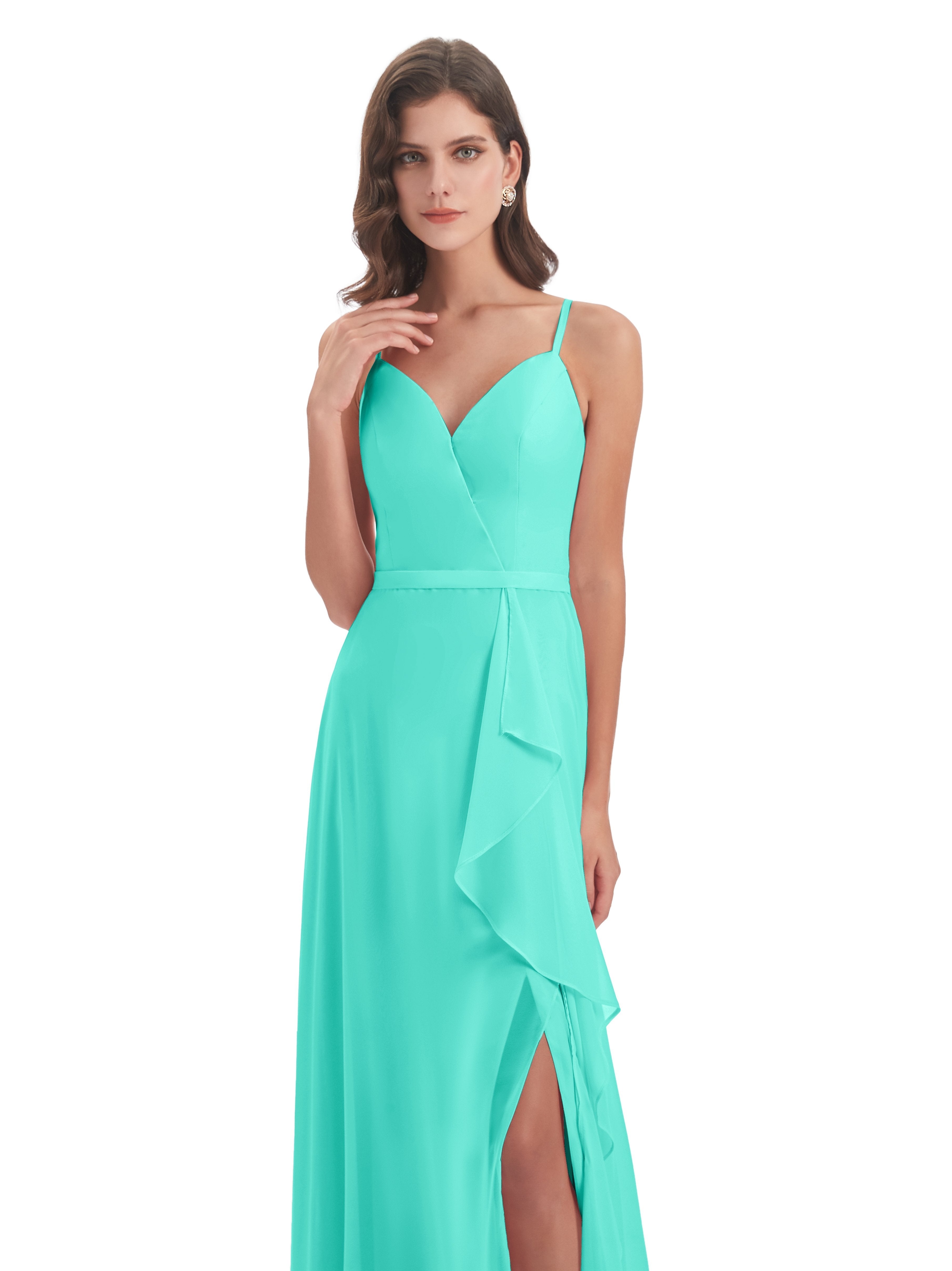 Delilah Sheath Spaghetti Straps Chiffon Long Bridesmaid Dresses
